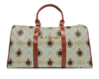 Elegante Wochenendtasche mit Emblem – Regal-Reisetasche mit Medaillon-Print, anspruchsvolles Reisehandgepäck, vom Designer inspiriertes Gepäck mit Lederdetails