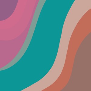 Könnte beinhalten: Abstrakte digitale Kunst mit einer Reihe von Wellenlinien in den Farben Lila, Türkis, Braun und Rosa.