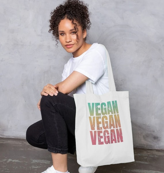 Vegan Fruit & Veg Logo Organic Cotton Tote Bag - Eco Friendly Reusable Shopping Bag (Black, 42x38cm)