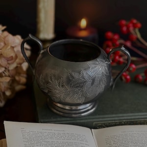 May include: A silver-toned metal sugar bowl featuring two curved handles and an embossed fern leaf pattern on the exterior. The bowl has a circular base and a wide, open top, showcasing a metallic finish with visible etched details on the surface.