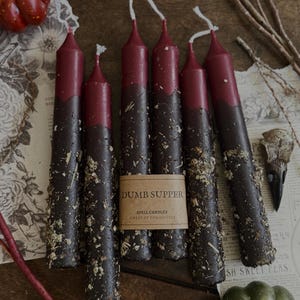 May include: Six taper candles with dark brown wax bases covered in dried herbs and smooth deep red wax tops. A tan paper band wraps around the centre with the text DUMB SUPPER SPELL CANDLES CHEST OF CURIOSITIES printed in black ink.