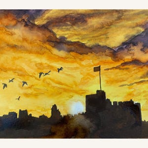 aquarelle du château d&#39;Alnwick | Décoration murale Northumberland | Art mural château historique | Maison d&#39;automne rustique | Cadeau d&#39;automne