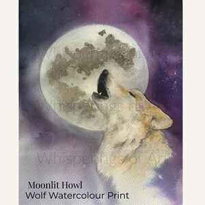 Wolf Watercolour Mounted Print – Howling Wolf Wall Art, Woodland & Night Sky Painting, Wildlife Nature Décor | Free UK Delivery