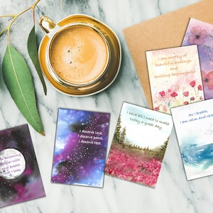 Watercolour Affirmation Cards — 3 Double-Sided Positive Messages for Calm, Sleep and Zest