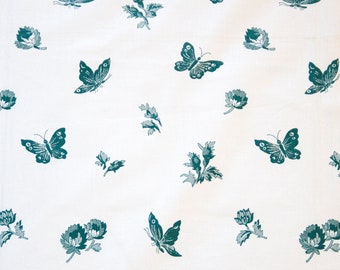 Vintage Laura Ashley - SUE - Bedrukte katoenen Chintz-stof, Viridian Butterfly Floral Motif One Color Print, 1989, 120 cm x 50 cm lengte