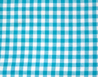 Vintage Turquoise Blue and White Woven Yarn Dyed Cotton Gingham, 10mm check, 150cm x 50cm