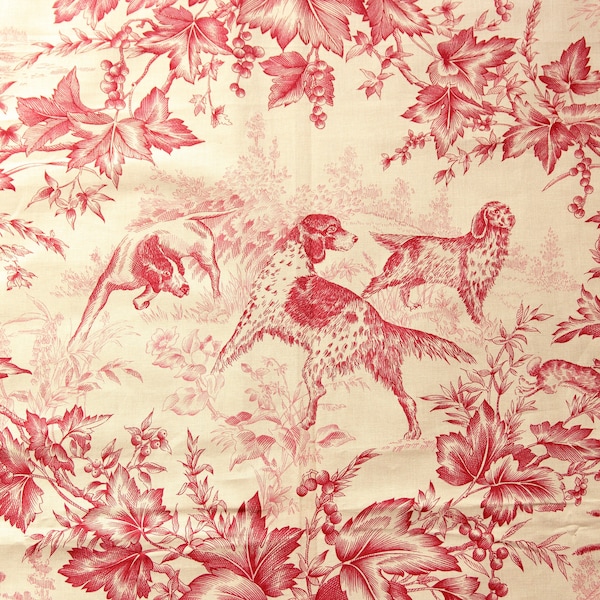 Vintage Brunschwig & Fils - ON POINT - Red and Sand Printed Cotton, Country Scenes, 140cm x 96cm, 1995