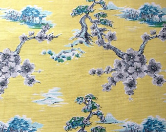 Vintage Yellow Japanese Scenic Fabric, Blossom Trees, Mount Fuji, Slub Cotton 1.78M Length, Rare Heirloom