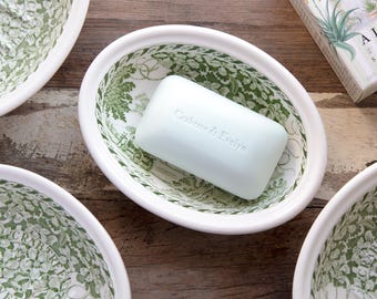 Vintage Crabtree & Evelyn Mason's Ironstone Apple Green Transferware Scenic Soap Dish, 1990's