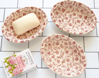 Vintage Crabtree & Evelyn Mason's Ironstone Red Transferware Floral Vine Soap Dish, 1990's