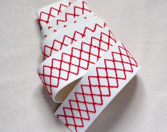 Bandes élastiques vintage ivoire et rouge, motif treillis/losanges, 196 cm x 5 cm, années 1980