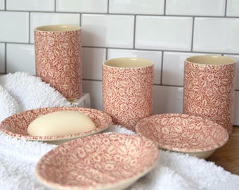 Vintage Crabtree & Evelyn Mason's Red Transferware Floral Soap Dish and Tumbler, 1990's