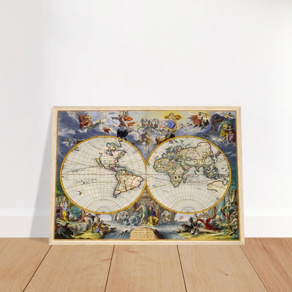 Carte du monde (1689) de l'Atlas Van Der Hagen (Papier de qualité musée - Encadré en bois)
