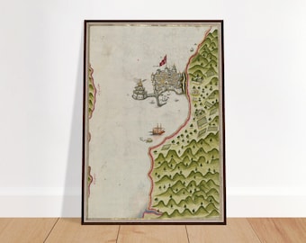 Map with Hills and a Town (Museum Quality - Wooden Frame) taken from the work of Piri Reis (1525 AD)