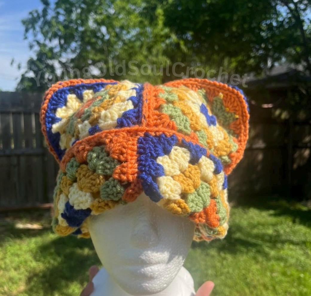 Custom Crochet Granny Square Cat Ear Beanie: Color Block Acrylic Beanie
