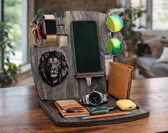 Personalised Wooden Docking Station for Men – Phone Stand Bedside Organizer Gift For Dad - Son - Uncle - Boyfriend Bedside Organiser