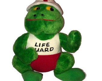 Vintage  Nanco Green Frog PLUSH Red and White Life Guard 8"