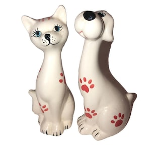 Vintage Ceramic Long Neck Cat Dog Figurines paw Prints