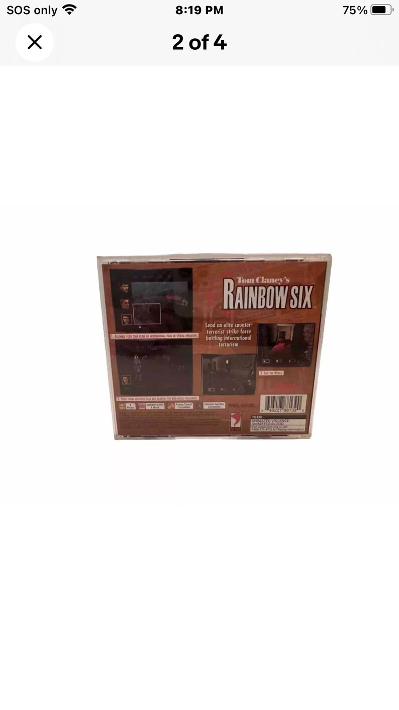 May include: A plastic case containing the video game Tom Clancy's Rainbow Six for the Playstation console. The back of the case features a brown background with the game's title in white text. The text "Lead an elite counter-terrorist strike force battling international terrorism" is also printed on the back of the case.