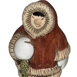 May include: A carved figurine of a person in a hooded parka, holding a white egg and a green fish. The parka is brown with a cream-colored fur trim around the hood and cuffs. The figurine has a smiling face and is likely a decorative item.