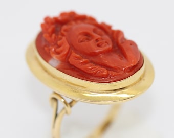 Antique Ring Coral Cameo 18k Gold Female Portrait Cameo Cameo