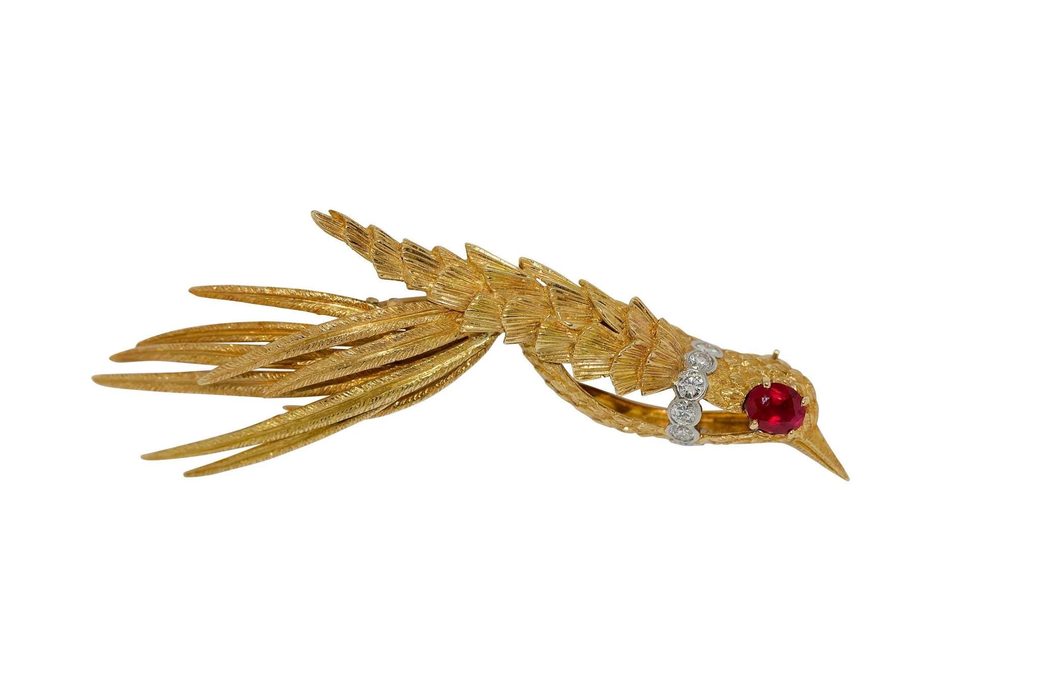 ルビーとダイヤモンドをあしらった18金の鳥のブローチ - Etsy 日本