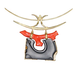 18k gold necklace, necklace with large pendant in Japanese "torii", coral and marquise diamond,