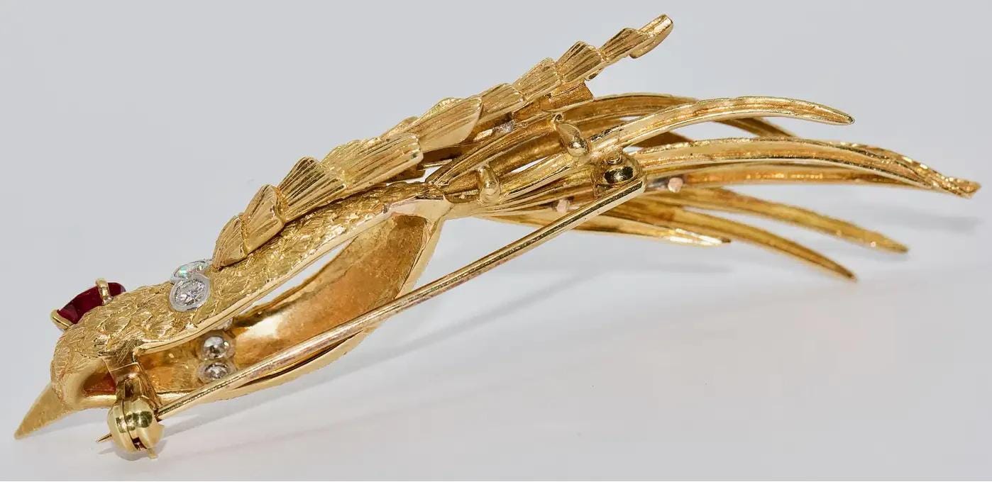 ルビーとダイヤモンドをあしらった18金の鳥のブローチ - Etsy 日本