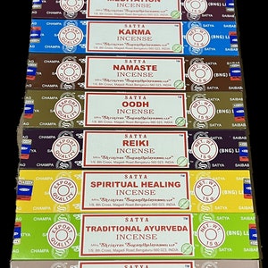 Satya Incense Stick Set, 12 x 15 g Nag Super Hit, Oodh, Positive Vibes, Namaste, Champa, Nag Champa, Opium, Reiki, Spiritual Healing, etc