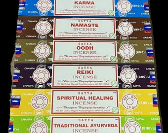 Satya Incense Stick Set, 12 x 15 g Nag Super Hit, Oodh, Positive Vibes, Namaste, Champa, Nag Champa, Opium, Reiki, Spiritual Healing, etc