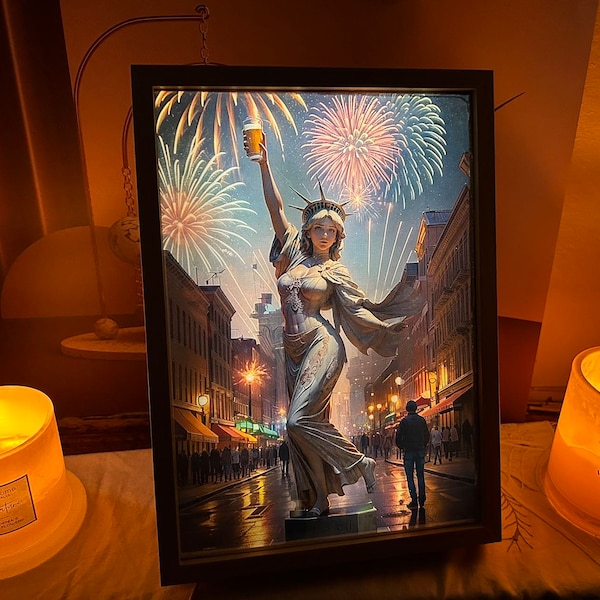 Cadre d'art impression numérique Ai Lady Liberty Lighting et miroir deux en un, tableau lumineux, cadre de peinture lumineuse LED, dessin lumineux, cadeau