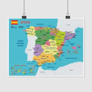 Politieke kaart van Spanje, opgerolde poster, Spanje Atlas Travel Art Print, wanddecoratie, poster geografie, vintage kaartposter