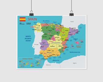 Political Map of Spain, Rolled Poster, Spain Atlas Travel Art Print, Wall Decor, Geography Poster, Vintage Map Poster