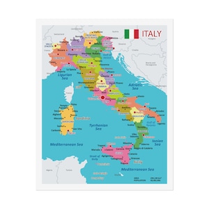 Affiches roulées - carte administrative politique de l'Italie, affiche de carte d'Italie, art mural géographie, décoration de salle de classe, cadeau de voyageur, cartographie