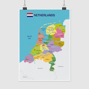 May include: A colorful wall map of the Netherlands featuring the national flag and the text NETHERLANDS at the top. The map displays provinces in distinct colors, labeled cities, and surrounding countries like Belgium and Germany on a light blue background.