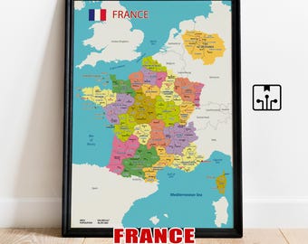 Mapa político de Francia: póster digital colorido para aprender y decorar paredes