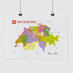 Die Schweiz Politische Karte Poster - Schweizer Cantons, Städte, Geographie Wandkunst