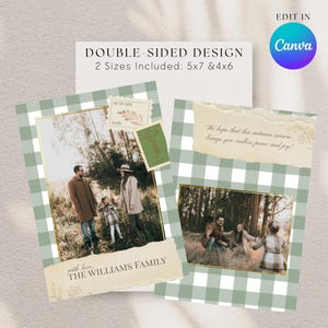 May include: Two double-sided photo cards with a sage green and white gingham pattern. The cards feature gold-bordered photo frames, decorative postage stamp graphics, and torn paper accents with the text "with love, THE WILLIAMS FAMILY".