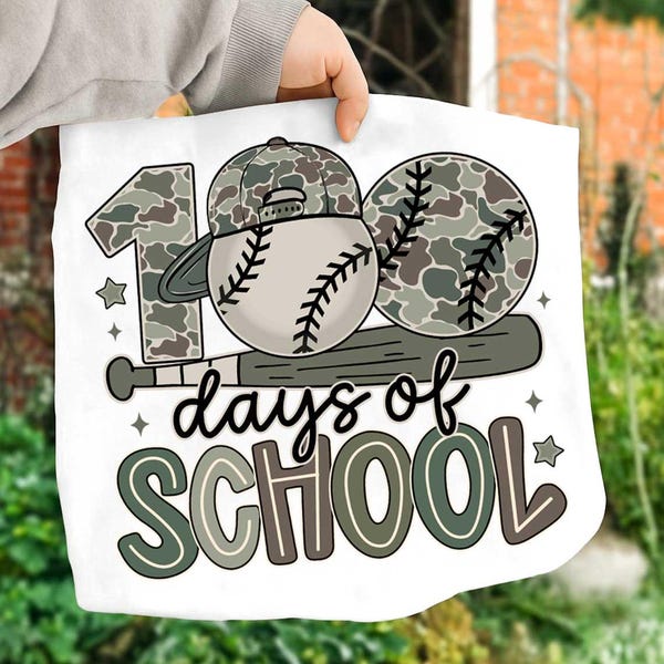 100 Days of School Baseball Camo png, Camo Cap boy School shirt design, Baseball Fans png, Funny Boys Kids 100th Day, Baseball 100 days Gift