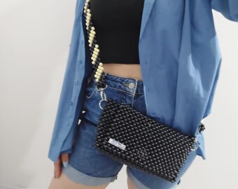 Handmade Black Acrylic Bead Crossbody Bag