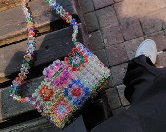 Handmade Rainbow Beaded Granny Square Purse: Crystal Accent Bag