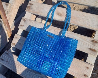 Handmade Blue Acrylic Beaded Tote Bag: Beach Shoulder Bag