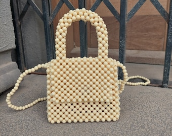 Mini Bead Bag - Small Bead Purse - Beaded Tote Bag - Beige Bead Bag - Crossbody Bead Bag - Shoulder Beaded Purse - Top Handle Bead Bag