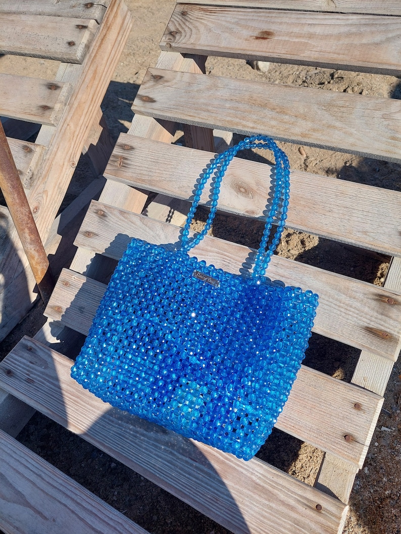 Handmade Blue Acrylic Beaded Tote Bag: Beach Shoulder Bag