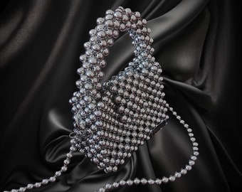 Handmade Silver Beaded Mini Tote Bag: Luxury Evening Bag