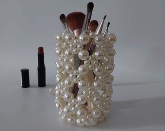 Handmade Pearl Embellished Makeup Brush Holder: Vanity Organizer