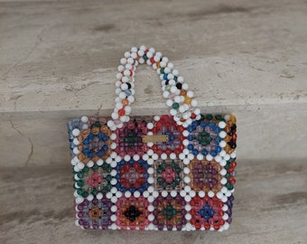 Rainbow Beaded Granny Square Bag: Handmade Crystal Purse