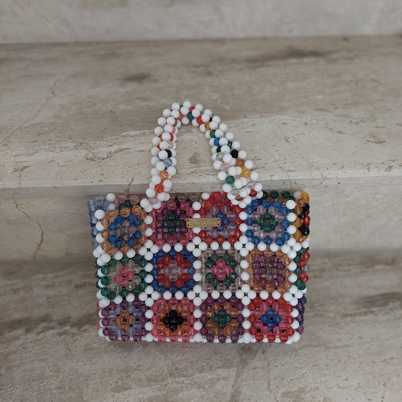 Rainbow Beaded Granny Square Bag: Handmade Crystal Purse