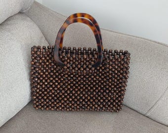 Leopard Handle Wooden Bead Bag: Handmade Brown Handbag