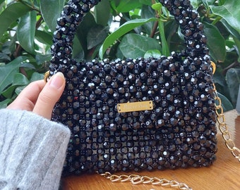 Crystal Black Bead Bag, Elegant Bag, Aesthetic Night Bag